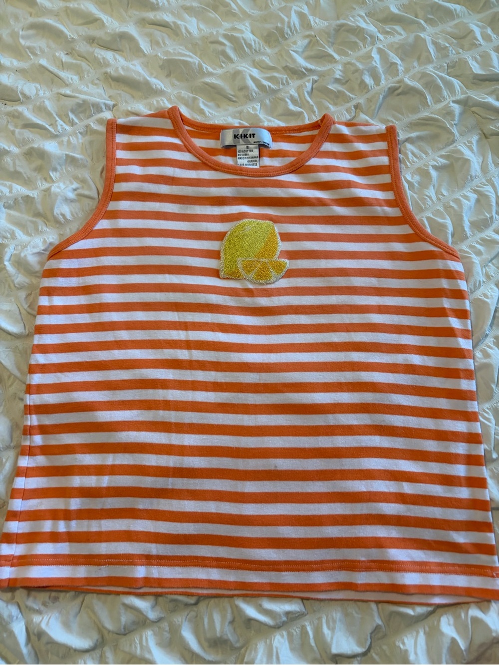 Vintage Kikit Orange White Striped Tank Top Embroidered Lemon Patch Size S Y2K